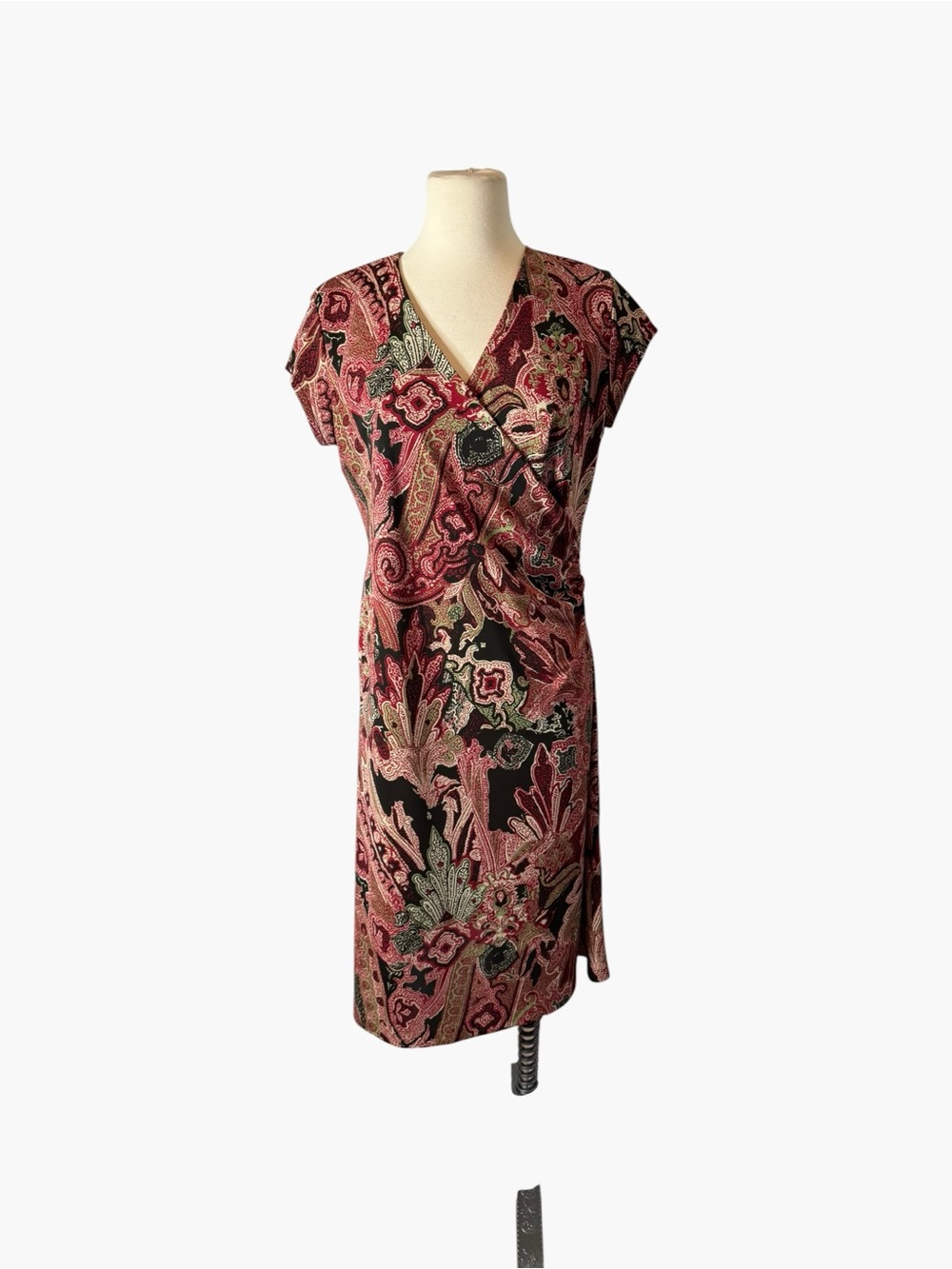 Jones New York Burgundy and Black Paisley Wrap Midi Dress
